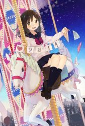 Rule 34 | 10s, 1girl, 2014, :d, black hair, black skirt, black socks, blue sky, blush, bow, brown eyes, brown footwear, carousel, city, horse, light particles, loafers, long hair, long sleeves, looking at viewer, mituame, open mouth, original, pennant, pleated skirt, red bow, riding, school uniform, shoes, short hair, sidesaddle, sitting, skirt, sky, smile, socks, solo, string of flags, sweater, white sweater, yellow eyes
