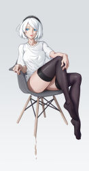 Rule 34 | 1girl, black hairband, black thighhighs, blue eyes, bob cut, bottomless, chair, chinese commentary, collarbone, commentary, hairband, highres, knee up, lips, lipstick, looking away, makeup, nier:automata, nier (series), no panties, no shoes, on chair, p21752090, photo-referenced, shirt, short hair, simple background, sitting, solo, stool, swept bangs, t-shirt, thighhighs, white background, white hair, white shirt, 2b (nier:automata)
