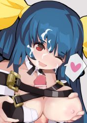 Rule 34 | 1boy, 1girl, absurdres, bar censor, bare shoulders, belt, blue hair, grabbing another&#039;s breast, breasts, censored, choker, cleavage, collarbone, cum, detached collar, detached sleeves, dizzy (guilty gear), eyelashes, facial, grabbing, guilty gear, guilty gear xrd, hair ornament, hair ribbon, hair rings, hand on own chest, heart, hetero, highres, kitami tsuzuka, large breasts, long hair, looking down, nipples, one eye closed, open mouth, paizuri, paizuri under clothes, penis, red eyes, ribbon, sidelocks, solo focus, spoken heart, twintails, upper body, yellow ribbon
