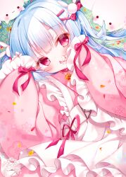 Rule 34 | 1girl, animal, apron, bell, blue hair, blush, bow, chestnut mouth, choker, commentary request, fang, frilled apron, frilled sleeves, frills, fuxiyu, hair ornament, hairclip, highres, japanese clothes, jingle bell, kimono, long hair, long sleeves, looking at viewer, lying, neck bell, on back, original, parted lips, pink kimono, purple choker, rabbit, red bow, red eyes, signature, sleeves past wrists, solo, two side up, very long hair, white apron, wide sleeves, x hair ornament