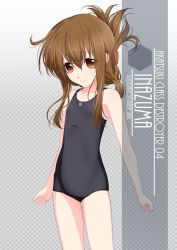 Rule 34 | 1girl, artist name, black one-piece swimsuit, brown eyes, brown hair, character name, checkered background, collarbone, commentary request, cowboy shot, eyes visible through hair, flat chest, folded ponytail, gradient background, hair between eyes, highres, inaba shiki, inazuma (kancolle), kantai collection, long hair, looking at viewer, new school swimsuit, one-hour drawing challenge, one-piece swimsuit, school swimsuit, simple background, smile, solo, standing, swimsuit