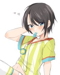Rule 34 | 1girl, black hair, blue eyes, blush, heart, highres, hololive, looking at viewer, moonbell, oozora subaru, oozora subaru (1st costume), open mouth, shirt, short hair, short sleeves, simple background, sketch, solo, stopwatch, striped clothes, striped shirt, upper body, vertical-striped clothes, vertical-striped shirt, virtual youtuber, watch, whistle, white background