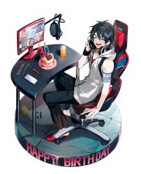 Rule 34 | 1boy, absurdres, arm support, armband, black hair, black pants, blue background, blue sky, cake, candle, cellphone, chair, closed eyes, commentary request, computer, desk, food, full body, gaming chair, glass, happy birthday, headphones, headphones around neck, highres, holding, holding food, holding microphone, hood, hoodie, looking at viewer, male focus, microphone, monitor, music, nijisanji, ninahachi, pants, phone, red eyes, red footwear, rug, short hair, simple background, singing, sky, sleeveless, sleeveless hoodie, slippers, smartphone, smile, solo, spoon, swivel chair, tile floor, tiles, virtual youtuber, white background, white hoodie, yumeoi kakeru, yumeoi kakeru (1st costume)