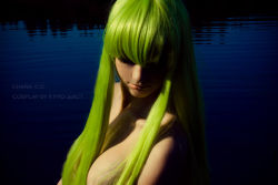 Rule 34 | airbrushed, breasts, c.c., code geass, cosplay, green hair, hair over breasts, nude, photo (medium), wading, water