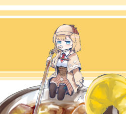 Rule 34 | 1girl, absurdres, alternate size, bendy straw, blonde hair, blue eyes, brown coat, brown thighhighs, coat, cup, dress, drinking, drinking glass, drinking straw, feet in water, food, fruit, hat, highres, hololive, hololive english, ice, ice cube, jitome, lemon, lemon slice, looking at viewer, medium hair, mini person, minigirl, necktie, plaid, plaid dress, pocket watch, red necktie, shirt, short necktie, sitting, size difference, solo, striped, striped background, thighhighs, underbust, virtual youtuber, vyragami, watch, watson amelia, watson amelia (1st costume), white shirt, yellow background