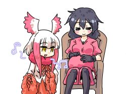 Rule 34 | 10s, 2girls, armchair, blunt bangs, blush stickers, chair, closed eyes, feather-trimmed sleeves, head wings, japanese crested ibis (kemono friends), kaban (kemono friends), kemono friends, looking at viewer, multiple girls, music, pleated skirt, pregnant, seki (red shine), singing, sitting, skirt, translation request, white background, wings
