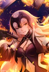 Rule 34 | &gt;:d, 1girl, :d, ahoge, bare shoulders, blonde hair, breasts, chain, cleavage, fate/grand order, fate (series), fire, flag, gauntlets, headpiece, jeanne d&#039;arc (fate), jeanne d&#039;arc alter (avenger) (fate), jeanne d&#039;arc alter (avenger) (third ascension) (fate), jeanne d&#039;arc alter (fate), long hair, looking at viewer, navel, omizu (omz), open mouth, parted lips, ruler (fate/grand order), smile, solo, tsurime, twitter username, upper body, v-shaped eyebrows, yellow eyes