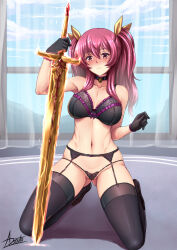 Rule 34 | 1girl, adsouto, black bra, black choker, black garter belt, black gloves, black panties, black thighhighs, blush, bra, breasts, choker, closed mouth, collarbone, flaming sword, flaming weapon, garter belt, gloves, gluteal fold, hair ribbon, highres, holding, holding sword, holding weapon, large breasts, lingerie, looking at viewer, panties, planted, planted sword, planted weapon, rakudai kishi no cavalry, red eyes, red hair, ribbon, smile, solo, stella vermillion, sword, thighhighs, thighs, two side up, underwear, underwear only, weapon