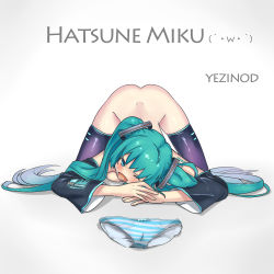 Rule 34 | 1girl, ass, black thighhighs, blue eyes, blue panties, blush, bottomless, bow, bow panties, breasts, character name, detached sleeves, dimples of venus, dongqing zaozigao, emoticon, female focus, full body, green hair, hair ornament, hatsune miku, highres, long hair, nose blush, one eye closed, open mouth, panties, silhouette, solo, striped clothes, striped panties, sweat, thighhighs, top-down bottom-up, twintails, underwear, unworn panties, vocaloid, white background, wink