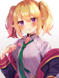 Rule 34 | 1girl, :p, black choker, blonde hair, blush, candy, chloe (princess connect!), choker, commentary request, ebihara beniko, food, gradient background, green necktie, grey background, hair between eyes, highres, holding, holding candy, holding food, holding lollipop, lollipop, long sleeves, looking at viewer, necktie, pointy ears, princess connect!, purple eyes, shirt, short hair, solo, tongue, tongue out, twintails, white shirt