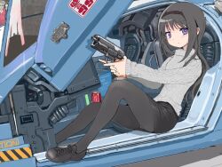 1girl akemi_homura black_hair blade_runner car car_interior coca-cola gun handgun holding holding_gun holding_weapon long_hair looking_at_viewer mahou_shoujo_madoka_magica motor_vehicle open_door pkd_blaster purple_eyes sitting solo sweater toshi_(little-fluffy-cloud) turtleneck turtleneck_sweater weapon