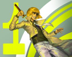 Rule 34 | 1boy, absurdres, belt, black eyes, black shirt, bleach, blonde hair, blunt bangs, bob cut, buttons, closed mouth, coat, collared shirt, cowboy shot, floating, from side, grey background, grin, hand up, hieumay, highres, hirako shinji, holding, holding sword, holding weapon, leaning back, looking to the side, male focus, necktie, number background, open hand, pants, popped collar, shinigami, shirt, short hair, simple background, smile, solo, sword, sword behind back, weapon, white belt, white necktie, white pants, yellow theme, zanpakutou