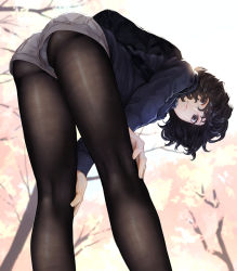 Rule 34 | 1girl, black eyes, black hair, black pantyhose, blue sweater, blush, day, from behind, from below, grey shorts, hands on own knees, kaoming, leaning forward, looking at viewer, looking back, original, outdoors, pantyhose, short hair, short shorts, shorts, sidelocks, sky, solo, sweater, wavy hair