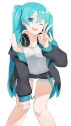 Rule 34 | 1girl, ;d, aqua hair, bare shoulders, black jacket, black shorts, blue eyes, blush, breasts, fhang, fingernails, hair between eyes, hand on thigh, hand up, hatsune miku, headphones, headphones around neck, jacket, leaning forward, long hair, long sleeves, looking at viewer, off shoulder, one eye closed, open clothes, open jacket, open mouth, puffy long sleeves, puffy sleeves, short shorts, shorts, simple background, small breasts, smile, solo, standing, tank top, twintails, v, very long hair, vocaloid, white background, white tank top