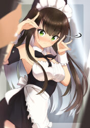 Rule 34 | 1girl, 1other, absurdres, apron, arm strap, black ribbon, blush, breasts, brown hair, closed mouth, colored inner hair, commentary request, detached collar, floating hair, green eyes, highres, kootee-on, large breasts, long hair, maid headdress, multicolored hair, neck ribbon, ribbon, solo focus, sweatdrop, tatsumi kon, two-tone hair, urara meirochou, very long hair, waist apron, white apron, white hair, wing collar, wrist cuffs