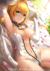 Rule 34 | 10s, 1girl, ahoge, arm up, armpits, bare shoulders, bed sheet, belt, blonde hair, blurry, blush, breasts, bu li, center opening, chain, cleavage, closed mouth, copyright name, cowboy shot, day, depth of field, detached collar, dutch angle, elbow gloves, fate/extra, fate/extra ccc, fate (series), flower, full-length zipper, gloves, green eyes, groin, hair between eyes, hair intakes, hand up, highleg, highleg leotard, hip focus, lens flare, leotard, light smile, lock, looking at viewer, lying, medium breasts, navel, nero claudius (bride) (fate), nero claudius (bride) (third ascension) (fate), nero claudius (fate), nero claudius (fate) (all), on back, open clothes, padlock, petals, plant, ribbon trim, short hair, smile, solo, stitches, stomach, strapless, strapless leotard, sunlight, thighs, unzipped, veil, white gloves, white leotard, window, zipper