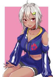 Rule 34 | 1girl, :d, absurdres, ahoge, arm support, bare shoulders, black choker, blue hoodie, blush, border, breasts, choker, cleavage, clothing cutout, cutoffs, dark-skinned female, dark skin, fang, floral print, food, food-themed hair ornament, fruit, grey hair, hair ornament, hayama marin, hibiscus print, highres, hood, hood down, hoodie, large breasts, lime (fruit), lime slice, long sleeves, looking at viewer, mole, mole under eye, navel, nijisanji, no shirt, open mouth, pink background, red eyes, short hair, short shorts, shorts, shoulder cutout, sitting, sleeves past wrists, smile, solo, stomach cutout, takuwanko, thick eyebrows, virtual youtuber, white border