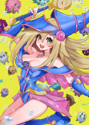 Rule 34 | 1girl, bare shoulders, blonde hair, blue footwear, blue headwear, blush, blush stickers, boots, breasts, bubble, choker, cleavage, dark magician girl, duel monster, green eyes, hair between eyes, hat, highres, holding, holding wand, kuriboh, large breasts, long hair, looking at viewer, noppe, open mouth, smile, staff, wand, wizard hat, yellow background, yu-gi-oh!, yu-gi-oh! duel monsters