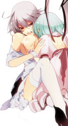 Rule 34 | 2girls, bad id, bad pixiv id, bat wings, blue hair, grabbing another&#039;s breast, breast sucking, breasts, drooling, embodiment of scarlet devil, female focus, grabbing, izayoi sakuya, multiple girls, nipples, no bra, open clothes, open mouth, open shirt, red eyes, remilia scarlet, shirt, shizumi satou, short hair, silver hair, siskin, small breasts, thighhighs, touhou, white thighhighs, wings, wrist cuffs, wristband, yuri