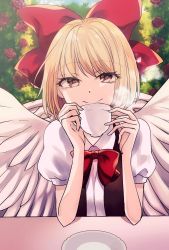 Rule 34 | 1girl, angel wings, blonde hair, bow, bowtie, brown vest, collared shirt, cup, eyelashes, feathered wings, gengetsu (touhou), hair bow, holding, holding cup, katayama kei, looking at viewer, mug, open clothes, open vest, outdoors, puffy short sleeves, puffy sleeves, red bow, red bowtie, shirt, short hair, short sleeves, table, touhou, touhou (pc-98), upper body, vest, white shirt, white wings, wings, yellow eyes