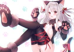 Rule 34 | 1girl, animal ear fluff, animal ears, animal hands, bare shoulders, bell, blush, breasts, cat ears, cat tail, fate/kaleid liner prisma illya, fate (series), fur trim, gloves, hair bell, hair ornament, highres, illyasviel von einzbern, illyasviel von einzbern (beast style), jingle bell, leg up, leotard, long hair, looking at viewer, open mouth, paw gloves, paw print, paw print background, paw shoes, red hair, scan, simple background, sitting, sleeveless, small breasts, solo, suzuho hotaru, tail, thighhighs, thighs, white hair