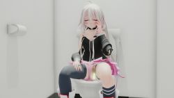 Rule 34 | 1girl, 3d, arm warmers, asymmetrical legwear, bathroom, black shirt, black thighhighs, blush, boots, braid, breasts, censored, choker, closed eyes, collarbone, hand on own cheek, hand on own face, hand on own leg, ia (vocaloid), jewelry, long hair, medium breasts, mikumikudance (medium), mismatched legwear, mist-to-gods, multicolored hair, open mouth, panties, panty pull, peeing, pink hair, pink panties, pink skirt, pubic hair, pussy, ring, shirt, single thighhigh, sitting, skirt, smile, streaked hair, tank top, thighhighs, toilet, toilet paper, toilet use, twin braids, two-tone hair, underwear, vocaloid, wall, white footwear, white hair