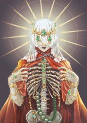 Rule 34 | androgynous, bracelet, cape, chain, circlet, covered eyes, cowboy shot, facing viewer, gem, gender request, gold chain, green gemstone, grey background, hadaal zone, highres, jewelry, lipstick, makeup, necklace, original, pearl necklace, red cape, ribs, skeleton, solo, spine, standing, veil