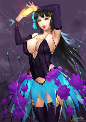 Rule 34 | 1girl, ariverkao, arm up, armpits, black hair, breasts, cleavage, crystal, dated, detached sleeves, dress, flower, garter straps, hair flower, hair ornament, large breasts, lips, long hair, looking at viewer, open mouth, original, purple eyes, realistic, signature, solo, thighhighs