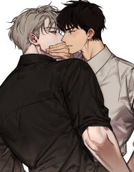 Rule 34 | 1blgs, 2boys, black hair, black shirt, blush, collared shirt, covering another&#039;s mouth, grey hair, hand over another&#039;s mouth, highres, ilay riegrow, incoming kiss, jeong taeui, male focus, multiple boys, parted lips, passion (manhwa), shirt, sweatdrop, upper body, white background, white shirt, yaoi