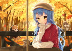 Rule 34 | 1girl, animal, autumn, azur lane, bad id, bad pixiv id, beret, blue hair, fence, forest, hat, head rest, highres, kuroisiro, leaf, light blue hair, looking at viewer, manjuu (azur lane), maple leaf, nature, neptune (azur lane), red sweater, seashell, shell, sitting, smile, squirrel, sweater, table, white sweater, yellow eyes