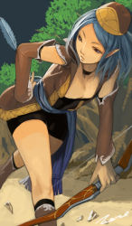 Rule 34 | 1girl, arrow (projectile), blue hair, bow, bow (weapon), detached sleeves, elf, feathers, forest, hat, nature, original, pointy ears, sash, solo, toro (konirio), weapon