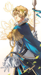 Rule 34 | 1boy, alfred (fire emblem), blonde hair, blue cape, cape, circlet, collar, fire emblem, fire emblem engage, flower, frilled collar, frilled sleeves, frills, gloves, green eyes, hahahashagi, hair ornament, highres, holding, holding polearm, holding weapon, long sleeves, nintendo, polearm, short hair, simple background, smile, weapon, white gloves