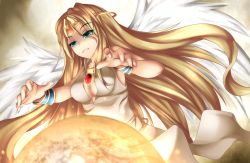Rule 34 | 1girl, angel wings, aqua eyes, blonde hair, blue bracelets, blue eyes, breasts, censored, choker, circlet, cleavage, cleavage cutout, clothing cutout, commentary request, crystal ball, cyan bracelets, dress, fantasy, feathered wings, fi-san, gem on head, gold hair, highres, ilias, impossible clothes, jewelry, long hair, md5 mismatch, medium breasts, mon-musu quest!, monster girl, panties, pointy ears, resolution mismatch, sash, scarf, smile, smirk, solo, source larger, spoilers, tiara, torotoro resistance, underwear, upper body, very long hair, white wings, wings