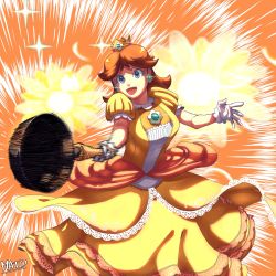 Rule 34 | 1girl, absurdres, attack, blue eyes, grabbing another&#039;s breast, brown hair, crown, daisy, dress, earrings, flower, flower earrings, frying pan, gloves, grabbing, grin, highres, jewelry, mario (series), nintendo, open mouth, orange dress, princess daisy, puffy short sleeves, puffy sleeves, short sleeves, smile, solo, super mario land, super smash bros., tomboy