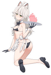 Rule 34 | 1girl, absurdres, ahoge, animal ear fluff, animal ears, aningay, arm support, ass, bare shoulders, bikini, black bikini, black bow, black footwear, black gloves, blush, bow, breasts, closed mouth, collar, copyright request, from behind, gloves, green eyes, grey hair, half gloves, hand up, highres, holding, holding tray, kneeling, knees together feet apart, long hair, low-tied long hair, medium breasts, shoe soles, shoes, simple background, solo, swimsuit, thick eyebrows, tray, twisted torso, white background, white collar, wrist cuffs