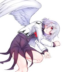 Rule 34 | 1girl, absurdres, baicha, bare legs, bow, bowtie, breasts, collared shirt, cropped jacket, curled up, feathered wings, groin, hair between eyes, highres, jacket, kishin sagume, knees, long sleeves, looking at viewer, lying, medium breasts, on side, open clothes, open jacket, purple shirt, purple skirt, red bow, red bowtie, red eyes, shirt, silver hair, simple background, single wing, skirt, solo, thighs, touhou, white background, white jacket, white wings, wing collar, wings