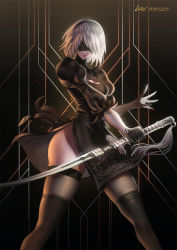 Rule 34 | 1girl, 2b (nier:automata), artist name, back cutout, black blindfold, black dress, black hairband, black thighhighs, blindfold, boots, breasts, cleavage cutout, clothing cutout, covered eyes, dress, facing viewer, feather-trimmed sleeves, gloves, hairband, high heel boots, high heels, highleg, highleg leotard, highres, holding, holding sword, holding weapon, juliet sleeves, katana, leirix, leotard, long sleeves, medium breasts, mole, mole under mouth, nier:automata, nier (series), puffy sleeves, short hair, signature, skindentation, solo, sword, thigh boots, thighhighs, thighhighs under boots, vambraces, weapon, white hair, white leotard