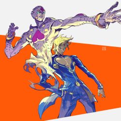 Rule 34 | 1boy, 1other, absurdres, aqua eyes, aqua sclera, bad id, bad twitter id, blonde hair, blue jacket, blue pants, center opening, closed mouth, colored sclera, commentary, earrings, fingernails, floating, floating hair, giorno giovanna, gold experience requiem, hand in pocket, high collar, highres, jacket, jewelry, jojo no kimyou na bouken, kai chang, long sleeves, looking away, male focus, outstretched arm, pants, pectorals, stand (jojo), stud earrings, vento aureo
