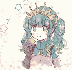 Rule 34 | 1girl, aqua eyes, aqua hair, aqua sweater, arm at side, armor, blunt bangs, blush, breastplate, brown gloves, closed mouth, cropped torso, crown, crown necklace, dot nose, fold-over gloves, futaba sana, gem, gloves, green eyes, green gemstone, hand up, hexagram, holding, holding star, jewelry, magia record: mahou shoujo madoka magica gaiden, magical girl, mahou shoujo madoka magica, medium hair, necklace, portrait, ribbed sweater, sidelocks, smile, solo, sparkle, split mouth, star (symbol), sweater, totte, turtleneck, turtleneck sweater, twintails, wavy hair
