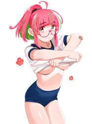 Rule 34 | 1girl, absurdres, ahoge, alternate costume, blue buruma, breasts, buruma, clothes lift, cowboy shot, glasses, green hair, gym shirt, gym uniform, highres, kantai collection, large breasts, looking at viewer, multicolored hair, ojipon, pink-framed eyewear, pink hair, ponytail, red eyes, shirt, shirt lift, short hair, solo, streaked hair, t-shirt, ume (kancolle), underboob, undressing, white background, white shirt