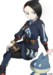 Rule 34 | 1girl, absurdres, black hair, black pants, blue eyes, blue hoodie, closed mouth, creatures (company), crossed legs, game freak, gen 4 pokemon, hair ornament, hairclip, highres, hood, hoodie, invisible chair, long sleeves, looking at viewer, mai (pokemon), mole, mole under mouth, munchlax, mushroom (osh320), nintendo, pants, pantyhose, pokemon, pokemon (creature), pokemon legends: arceus, pouch, simple background, sitting, smile, solo, white background