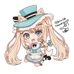 Rule 34 | 1girl, :d, animal ear fluff, apron, black footwear, blonde hair, blue dress, blue eyes, blue hair, blue hat, blush, bow, center frills, chibi, commentary request, commission, dress, ears through headwear, fang, frilled apron, frills, full body, hair ornament, hairclip, hands up, hat, hat bow, heart, high heels, highres, indie virtual youtuber, key, kisaragi nemu, kneehighs, kurono kito, long hair, looking at viewer, multicolored hair, open mouth, paw pose, revision, signature, simple background, sitting, skeb commission, smile, socks, solo, streaked hair, striped, striped bow, thank you, twintails, very long hair, virtual youtuber, waist apron, wariza, white apron, white background, white socks, wrist cuffs