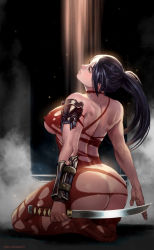 Rule 34 | 1girl, arm guards, armlet, armor, ass, back, black hair, bodysuit, breasts, butt crack, curvy, covered erect nipples, from behind, gloves, hip focus, holding, holding sword, holding weapon, huge ass, kneeling, large breasts, legs, long hair, muscular, muscular female, ninja, ponytail, rejean dubois, seiza, sitting, skin tight, smoke, solo, soul calibur, sunlight, sword, taki (soulcalibur), thick thighs, thighs, torn clothes, weapon, wide hips