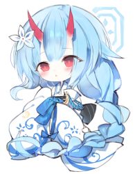 Rule 34 | 1girl, :o, blue archive, blue hair, blush, braid, chibi, chise (blue archive), commentary request, flower, full body, hair flower, hair ornament, horns, japanese clothes, kimono, kotatu (akaki01aoki00), long hair, long sleeves, looking at viewer, obi, oni, oni horns, parted lips, red eyes, sash, sleeves past fingers, sleeves past wrists, solo, very long hair, white background, white flower, white kimono