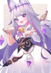 Rule 34 | 1girl, animal ears, bell, cat ears, cat girl, cat tail, colored inner hair, crown, detached sleeves, dress, eskimofox, gem, grey hair, highres, hololive, hololive english, koseki bijou, koseki bijou (1st costume), long hair, looking at viewer, multicolored hair, neck bell, open mouth, paw pose, pink hair, purple eyes, solo, tail, tongue, very long hair, virtual youtuber