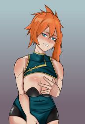 Rule 34 | absurdres, aqua eyes, boku no hero academia, breasts, cleavage, hand on own chest, highres, kendou itsuka, large breasts, orange hair, side ponytail