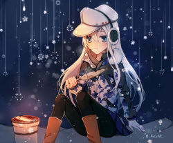 Rule 34 | 1girl, black background, black pantyhose, blue eyes, boots, brown footwear, camouflage, camouflage jacket, commentary, earmuffs, eating, feet out of frame, fish, flat cap, grill, hammer and sickle, hat, hibiki (kancolle), highres, jacket, kantai collection, kocona, long hair, pantyhose, shichirin, silver hair, sitting, snowflakes, solo, twitter username, verniy (kancolle), white hat