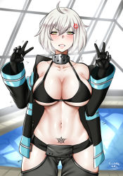 Rule 34 | 1girl, ahoge, anger vein, bikini, bikini top only, black bikini, black gloves, black jacket, blush, breasts, cleavage, cloire clover, commentary, cosplay, cowboy shot, double v, en&#039;en no shouboutai, english commentary, fate/grand order, fate (series), gloves, grey pants, hair between eyes, highres, hip vent, jacket, jeanne d&#039;arc (fate), jeanne d&#039;arc alter (avenger) (fate), jeanne d&#039;arc alter (fate), large breasts, looking at viewer, navel, open clothes, open jacket, pants, pubic tattoo, rei no pool, short hair, silver hair, smile, solo, standing, swimsuit, tamaki kotatsu, tamaki kotatsu (cosplay), tattoo, teeth, v, yellow eyes