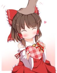 Rule 34 | 1girl, blush, bow, box, brown hair, child, detached sleeves, dress, closed eyes, father and daughter, female focus, gift, gift box, hair bow, hair tubes, hakurei reimu, hand on head, head pat, heart, long sleeves, nikku (ra), headpat, red dress, ribbon, smile, solo focus, touhou, valentine, wide sleeves, aged down