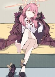 Rule 34 | 1girl, aru (blue archive), barefoot, blue archive, crossed legs, dbchang teikoku, feet, hand on own knee, highres, light blush, long hair, looking at viewer, pink hair, shoes, unworn shoes, smile, soles, toes, yellow eyes